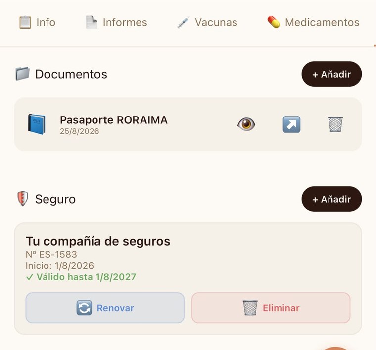 Documentos guardados en la ficha de la mascota