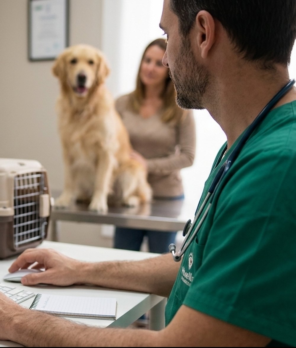 Veterinario registrando la consulta en el portal desde el ordenador de la clinica